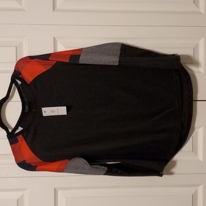 Women's Black Long Sleeve Raglan Tee with Red Plaid Shoulders